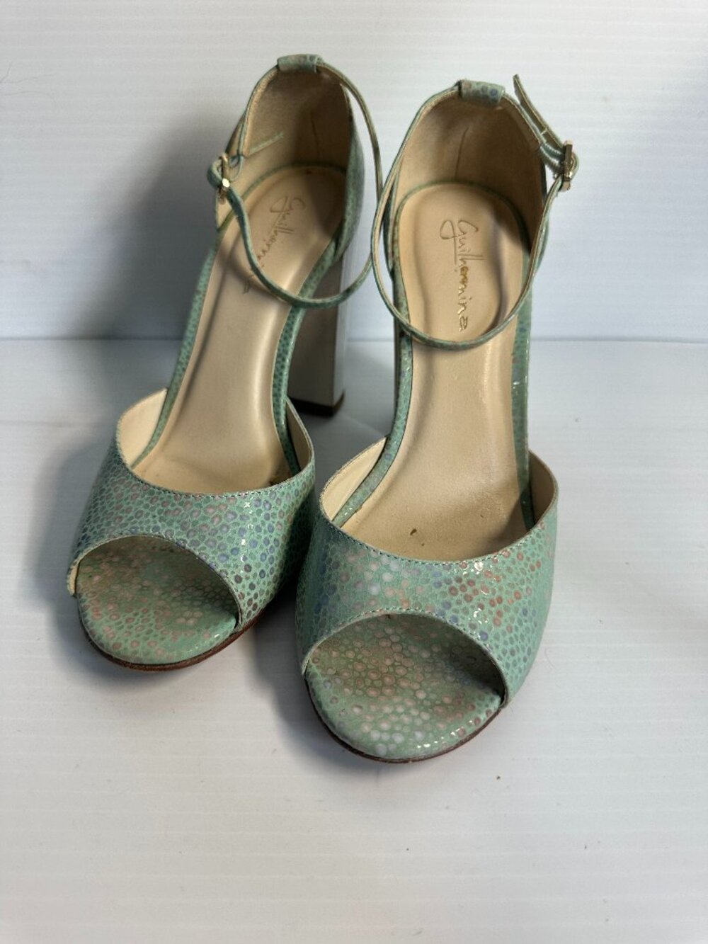 Green Freckled Leather Sandal heels with Acrylic and Wood Block Heel
